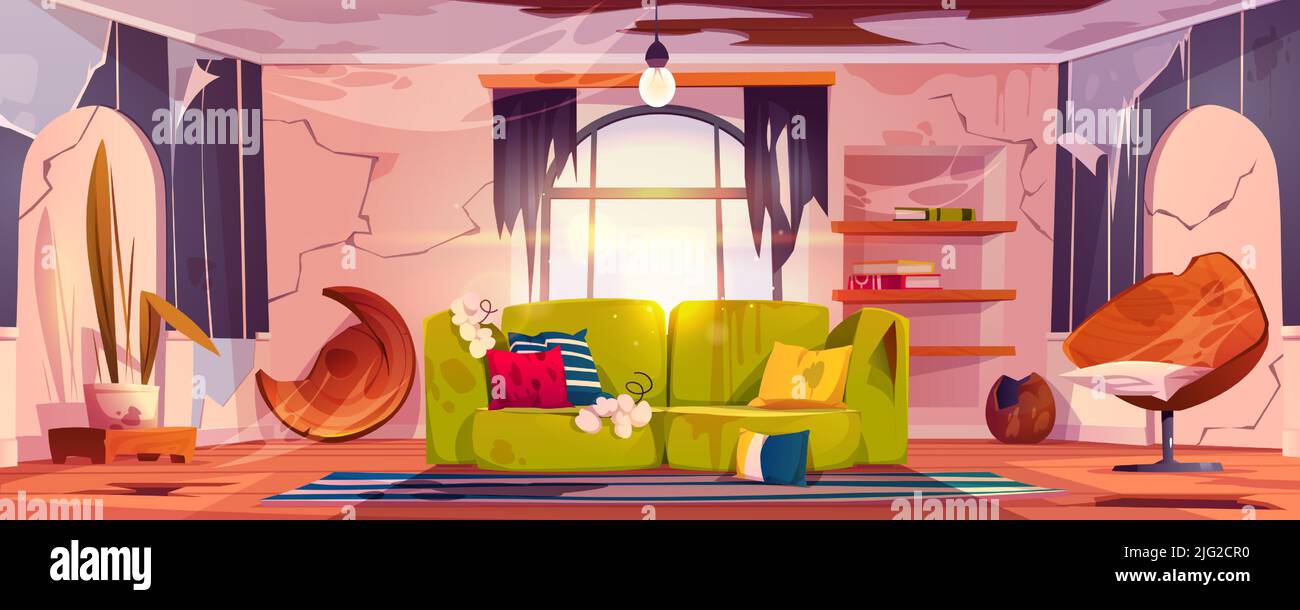 Vieux salon sale avec des meubles cassés. Illustration vectorielle de l'intérieur de la maison abandonnée vide avec mess, sellerie de canapé déchirée, chaise écrasée et plancher et plafond en bois cassé Illustration de Vecteur