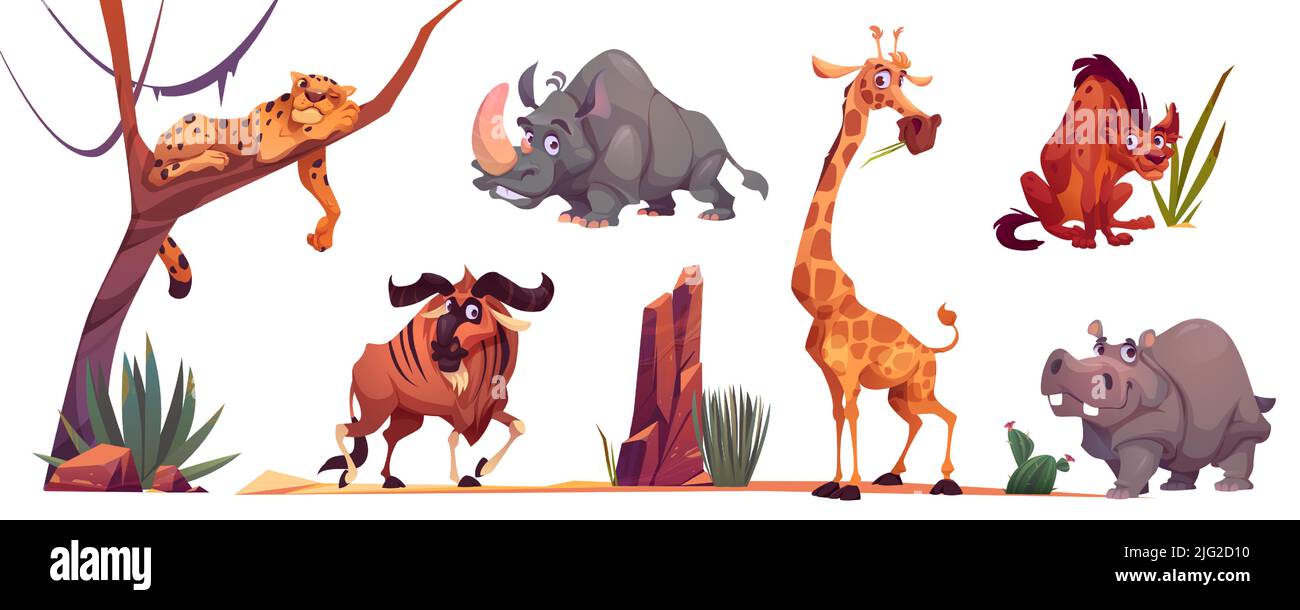 Animaux sauvages africains, personnages de zoo. Illustration de dessin animé vectoriel de mignons girafe, guépard, rhinocéros, hippo, hyena, paysage de savane et de végétation sauvage avec arbres, sable et herbe Illustration de Vecteur