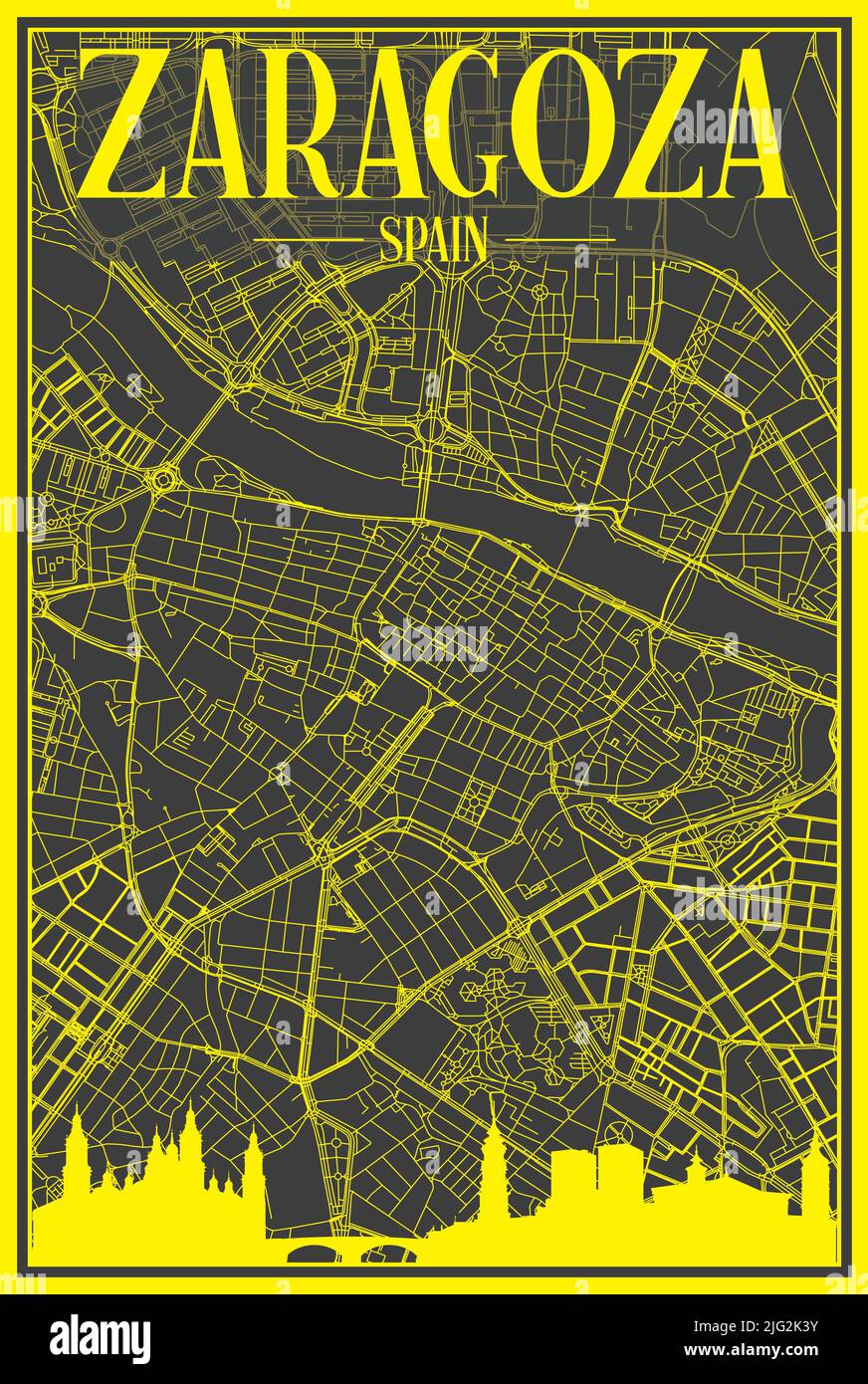 Affiche de ville imprimée en jaune avec vue panoramique et rues dessinées à la main sur fond gris foncé du centre-ville DE SARAGOSSE, ESPAGNE Illustration de Vecteur