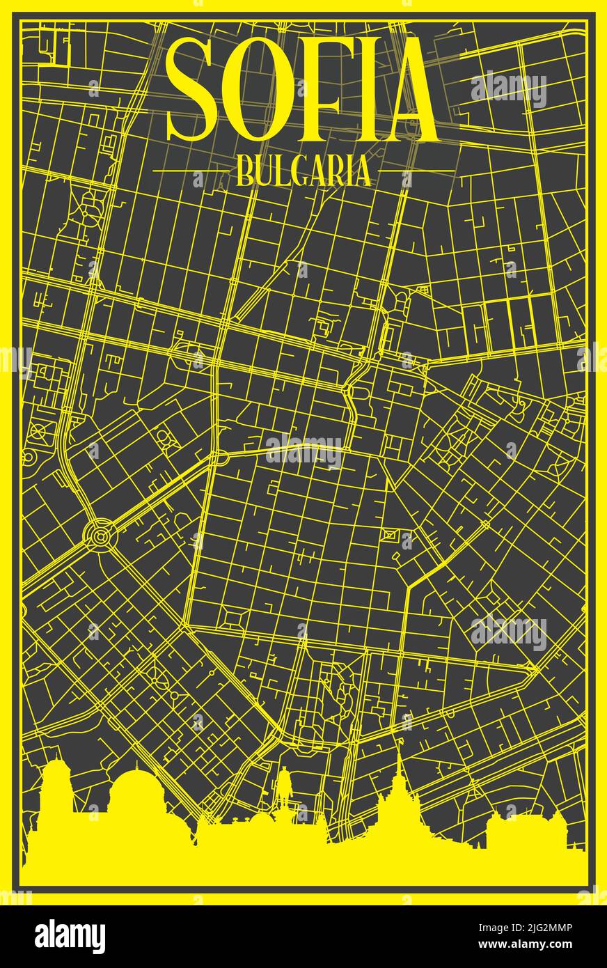 Affiche de ville imprimée en jaune avec vue panoramique et rues dessinées à la main sur fond gris foncé du centre DE SOFIA, BULGARIE Illustration de Vecteur