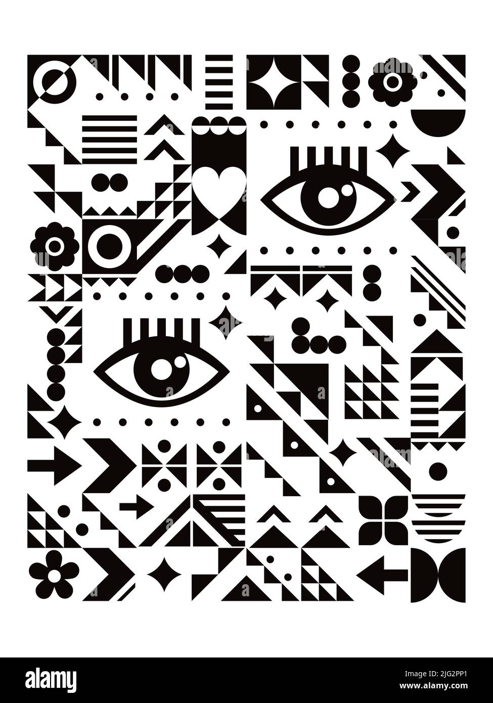 Bauhaus style vectoriel poster art design 18x24 en noir et blanc avec des yeux et des formes géométriques Illustration de Vecteur