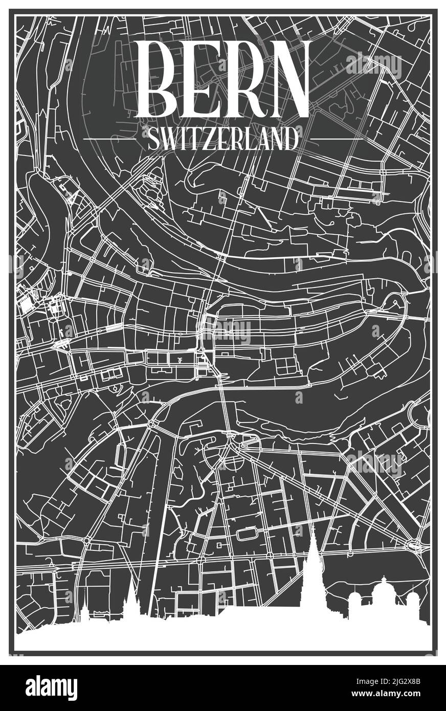 Impression sombre affiche de la ville avec vue panoramique et rues dessinées à la main sur fond gris foncé du centre DE BERNE, SUISSE Illustration de Vecteur