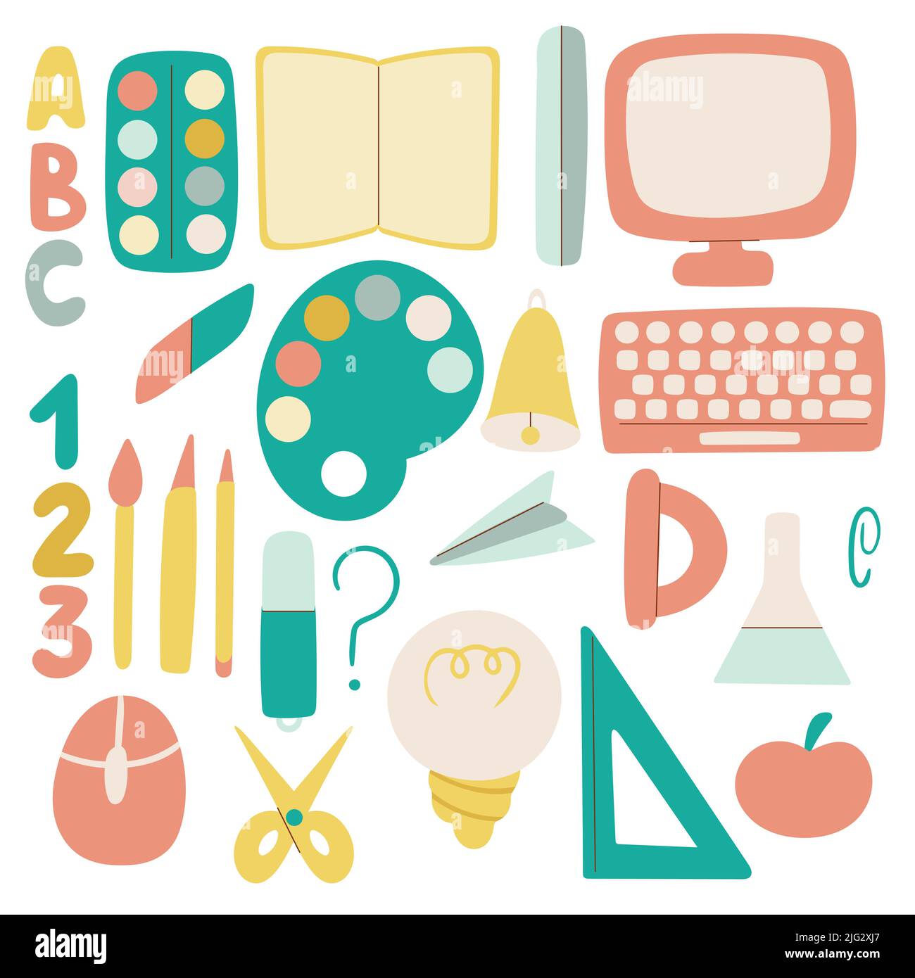 Illustration vectorielle de l'ensemble de fournitures scolaires. Rentrée avec papeterie. Articles d'écoliers dessinés à la main. Livre clipart, ciseaux, règle, ordinateur, stylo, p Illustration de Vecteur