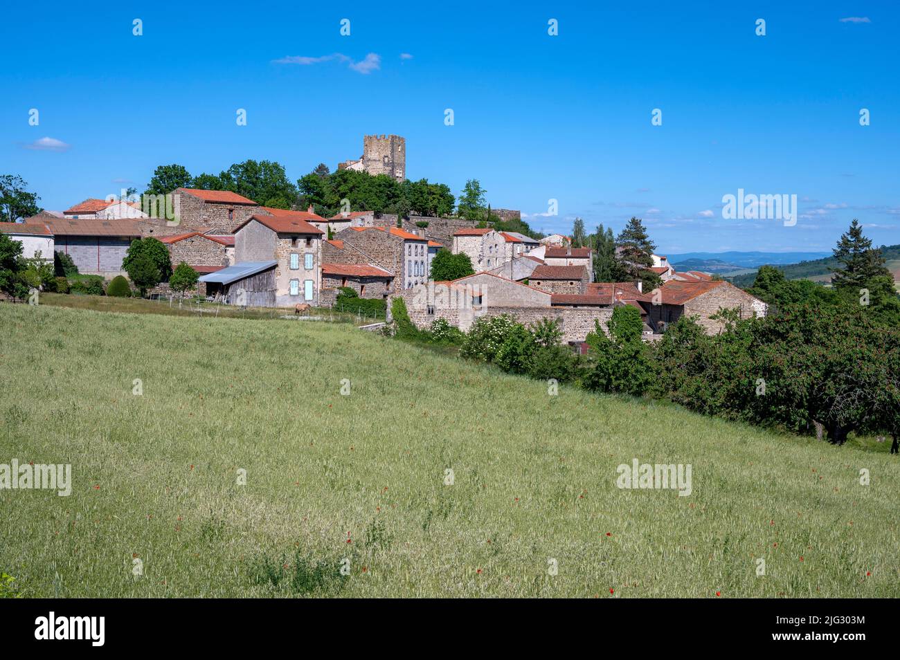Le village de Montaigut-le-blanc dans le paysage des montagnes d'Auvergne dans le département du Puy-de-Dôme au printemps en France Banque D'Images