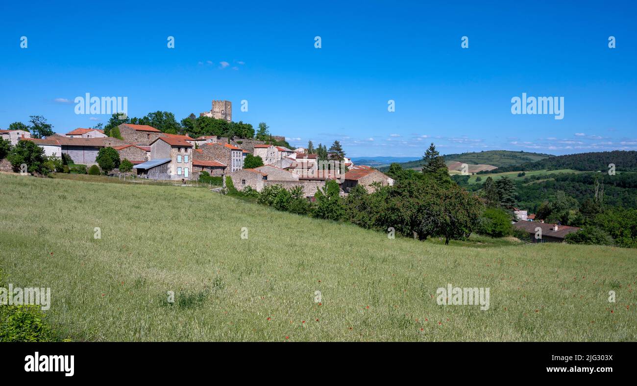 Le village de Montaigut-le-blanc dans le paysage des montagnes d'Auvergne dans le département du Puy-de-Dôme au printemps en France Banque D'Images
