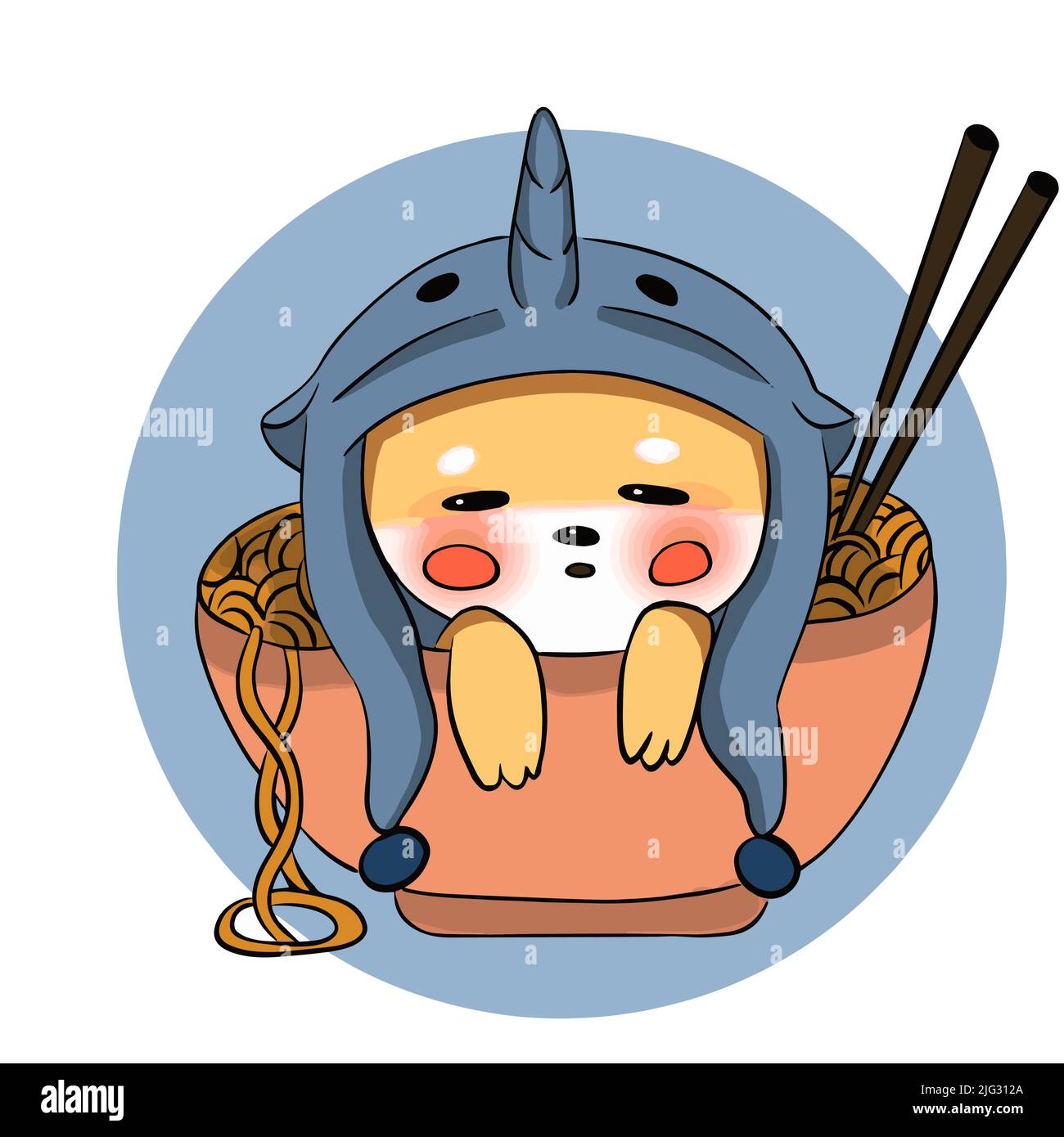 Le chien Shiba inu dans un joli costume est assis dans un bol de nouilles chinoises et de sourires Illustration de Vecteur