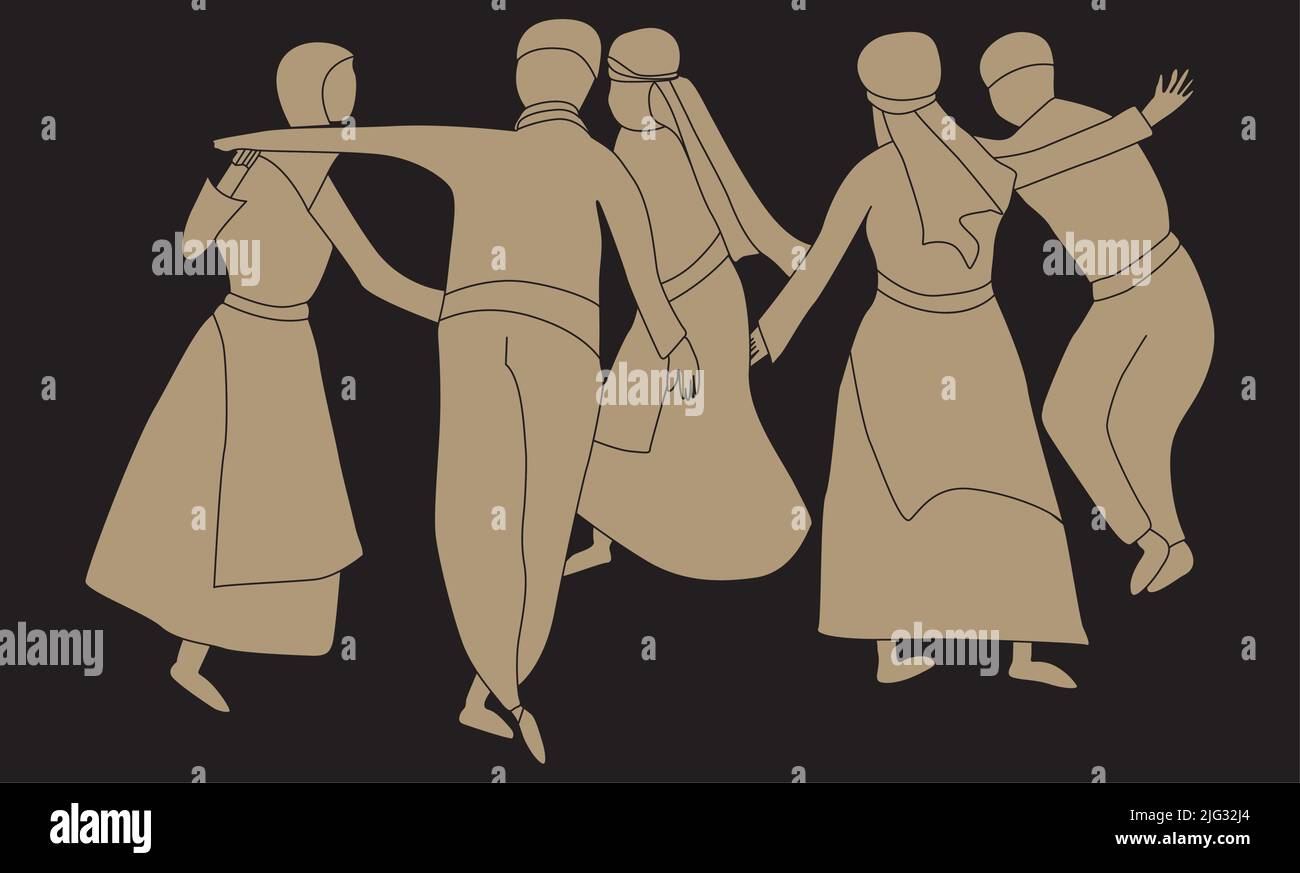 Dessin vectoriel d'hommes et de femmes dansants vêtus de la robe traditionnelle de la tenue locale d'anatolie. Vivre ensemble en paix entre amis. Illustration de Vecteur