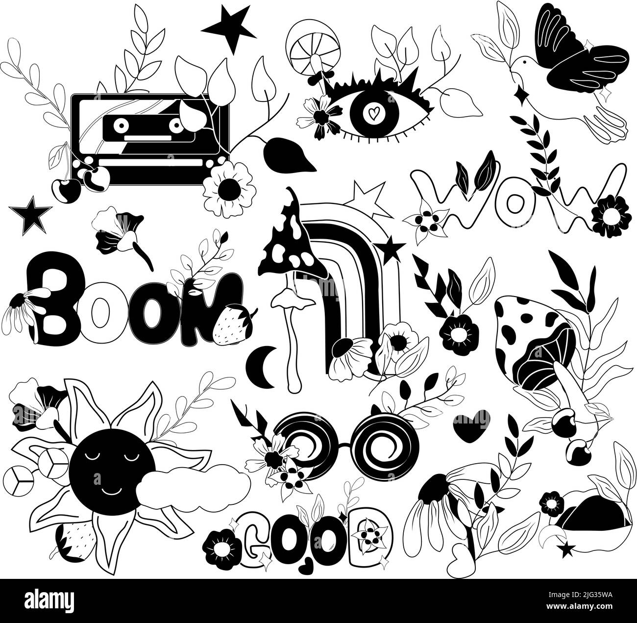 70s noir et blanc groovy élément, cassette ancienne, soleil, fleurs, feuilles, champignons, oiseaux, arcs-en-ciel rétro et lettrage. Compositions mignons dans un style hippy vintage. Illustration vectorielle. Illustration de Vecteur