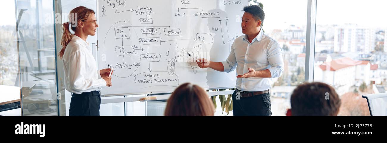 L'homme et la femme asiatiques tiennent une réunion pour les employés près d'un tableau de conférence et expliquent la stratégie de travail Banque D'Images