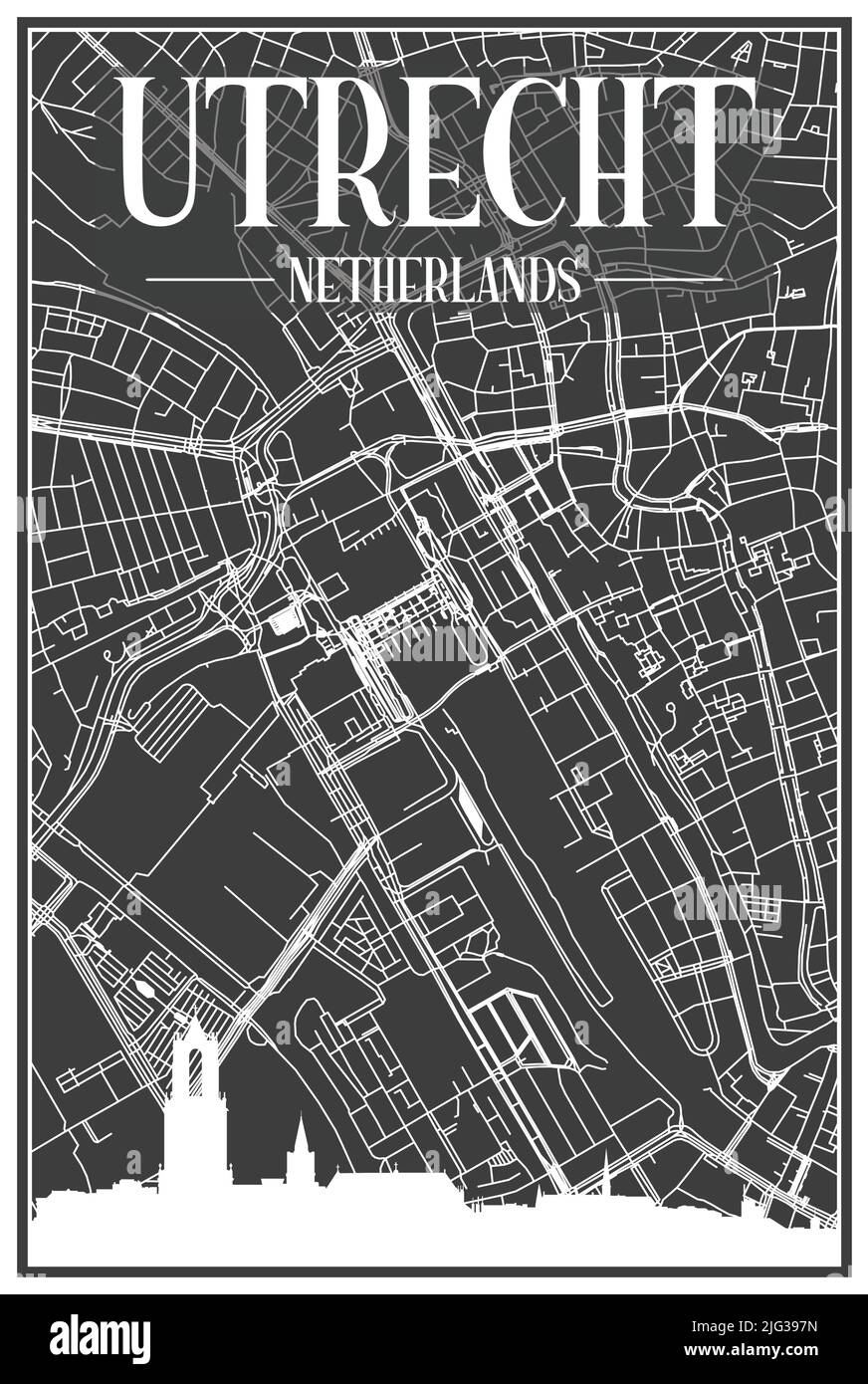 Affiche de la ville imprimée en noir avec vue panoramique et rues dessinées à la main sur fond gris foncé du centre-ville D'UTRECHT, PAYS-BAS Illustration de Vecteur
