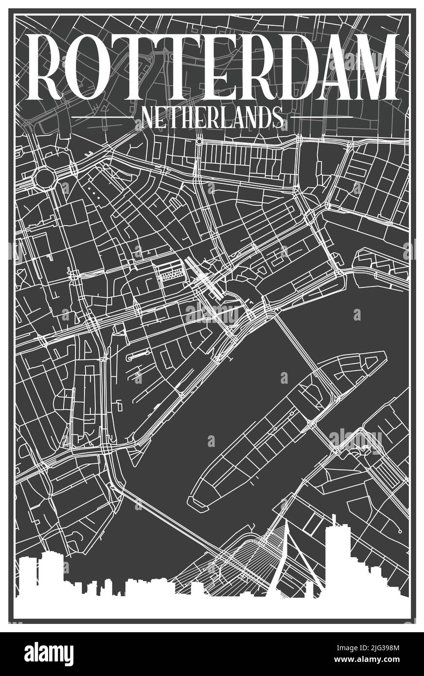 Affiche de la ville imprimée en noir avec vue panoramique et rues dessinées à la main sur fond gris foncé du centre-ville DE ROTTERDAM, PAYS-BAS Illustration de Vecteur