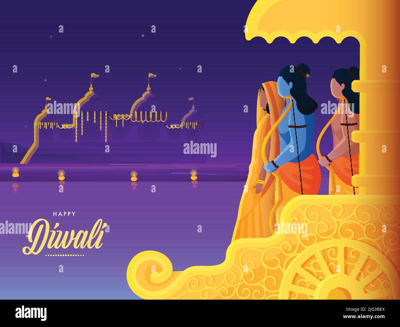 Happy Diwali Celebration concept, Lord Rama avec sa femme (Sita), frère (Lakshman) sur fond d'Ayodhya pourpre. Illustration de Vecteur