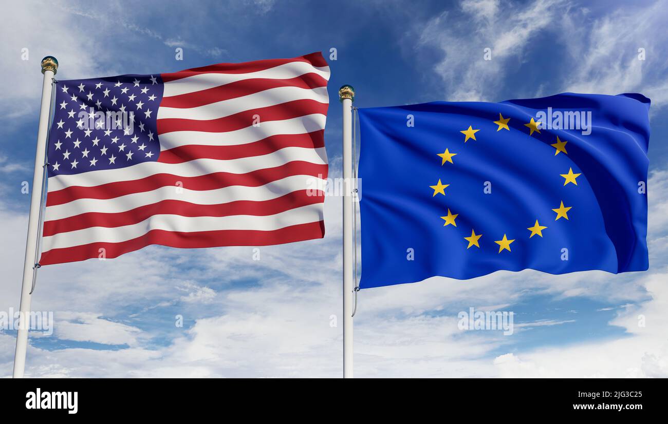 Drapeaux américains et européens sur le ciel bleu. Concept de diplomatie, d'accord, de relations internationales, de commerce, d'affaires entre les États-Unis et l'Union européenne. 3D réf Banque D'Images