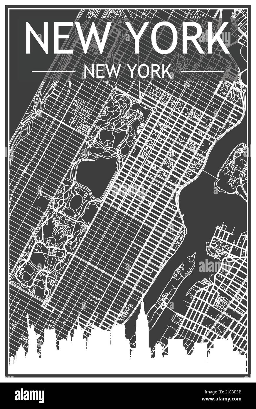 Affiche de ville imprimée en noir avec vue panoramique et rues dessinées à la main sur fond gris foncé du centre-ville DE NEW YORK, NEW YORK Illustration de Vecteur