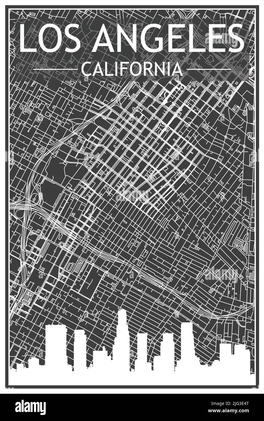 Affiche de la ville imprimée en noir avec vue panoramique et rues dessinées à la main sur fond gris foncé du centre-ville DE LOS ANGELES, EN CALIFORNIE Illustration de Vecteur