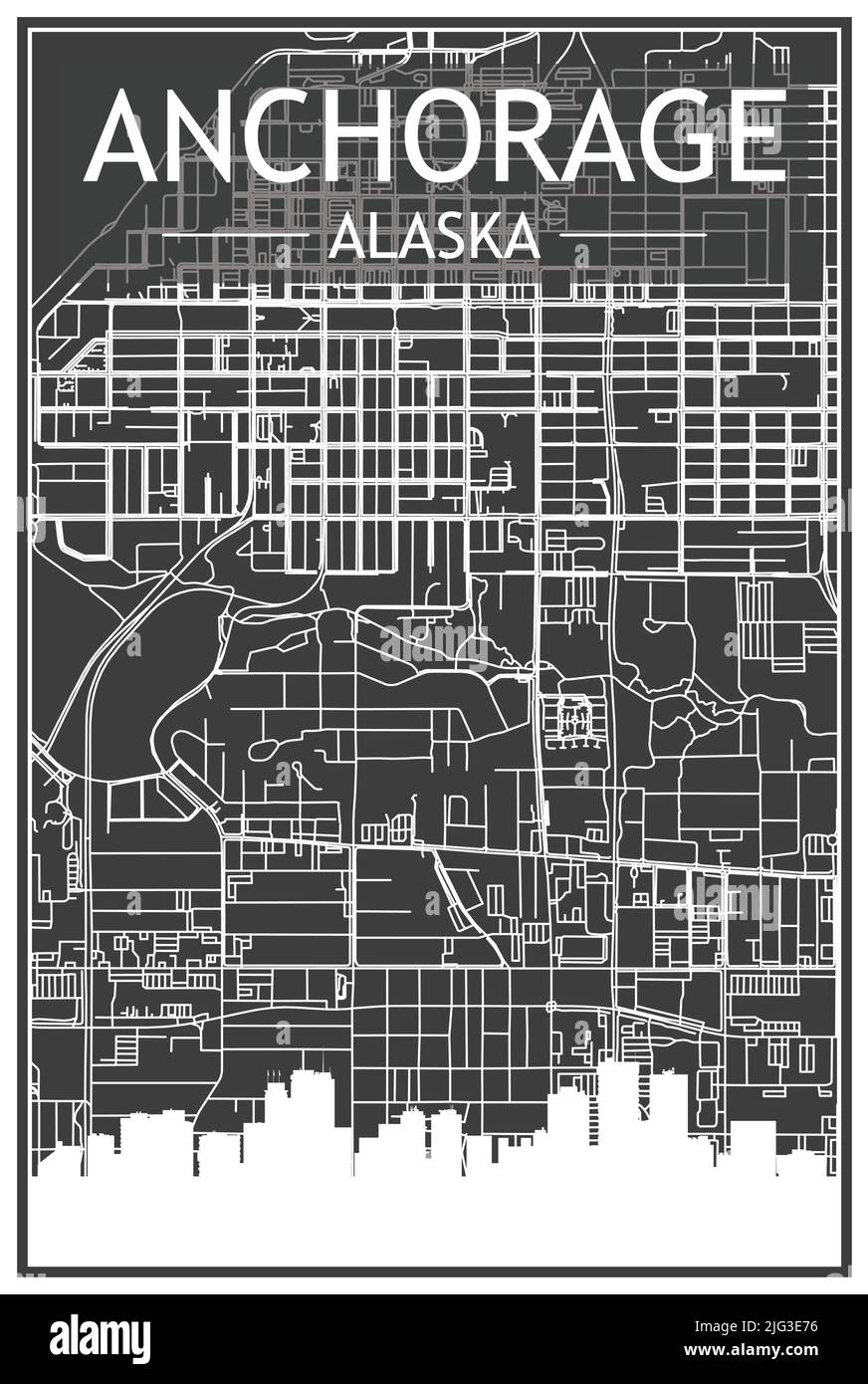 Impression sombre affiche de la ville avec vue panoramique et rues dessinées à la main sur fond gris foncé du centre-ville D'ANCHORAGE, ALASKA Illustration de Vecteur