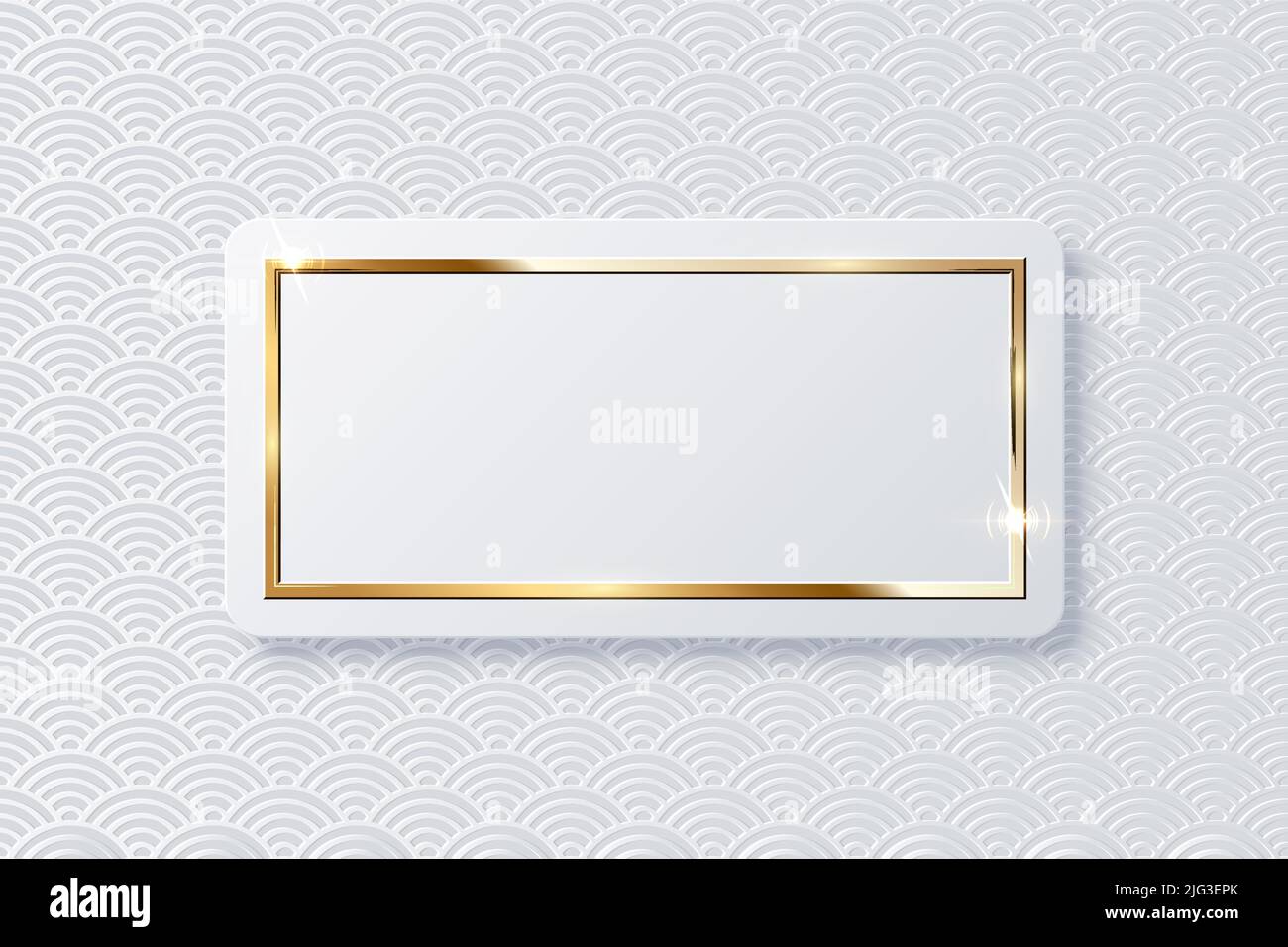 Vecteur réaliste brillant brillant brillant doré rectangle sur bouton blanc isolé sur abstrait chinois traditionnel oriental ornement motif avec vague Illustration de Vecteur