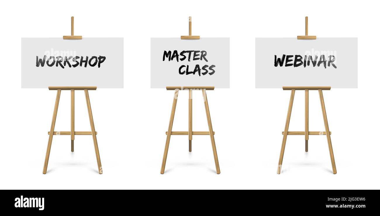 Tableau noir en chevalet, tableau noir en bois, illustration vectorielle. Support de trépieds en tableau noir réaliste, séminaire en ligne de maître d'atelier avec écriture de texte de type « chal » Illustration de Vecteur