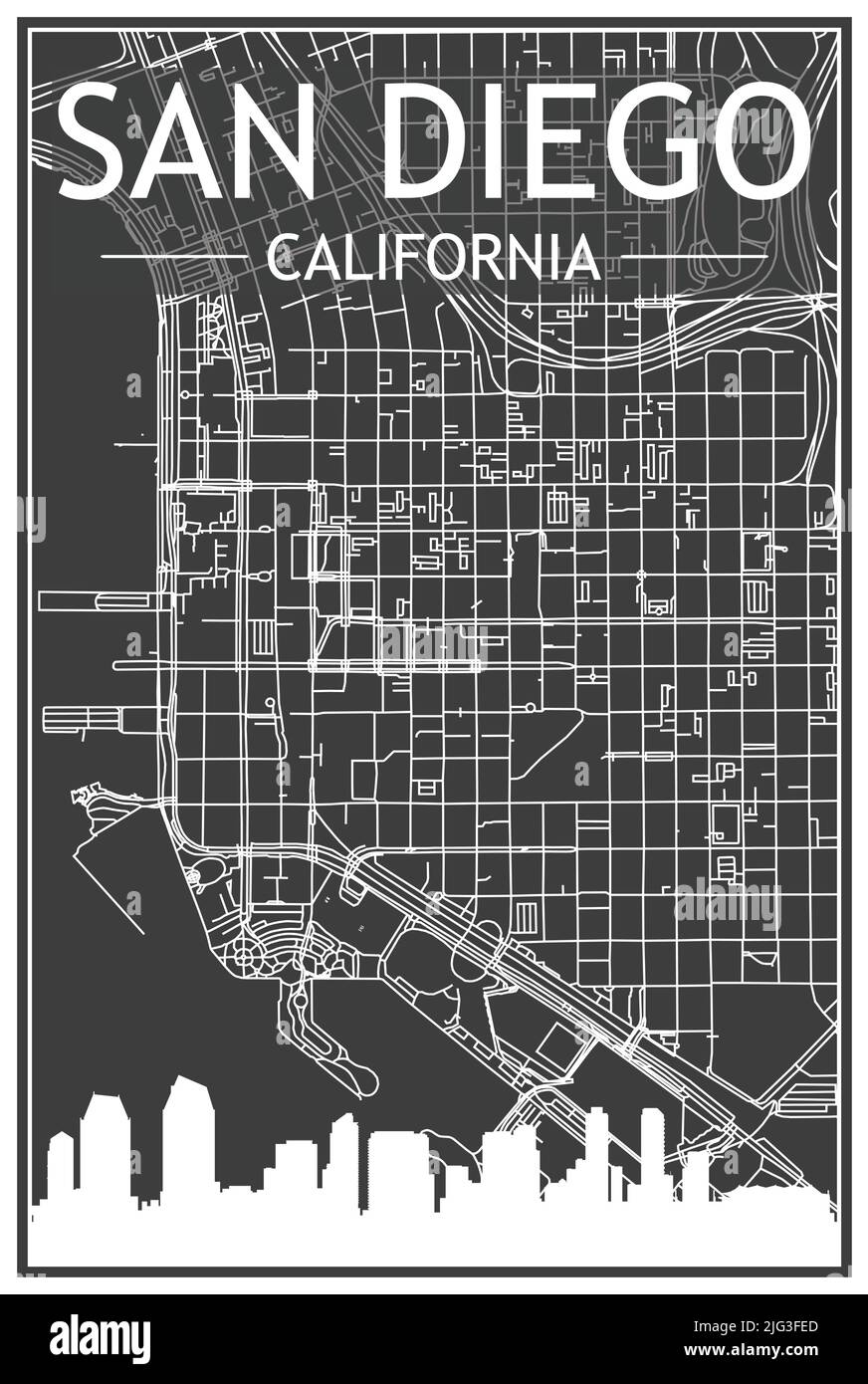Affiche de ville imprimée dans le noir avec vue panoramique et rues dessinées à la main sur fond gris foncé du centre-ville de SAN DIEGO, EN CALIFORNIE Illustration de Vecteur