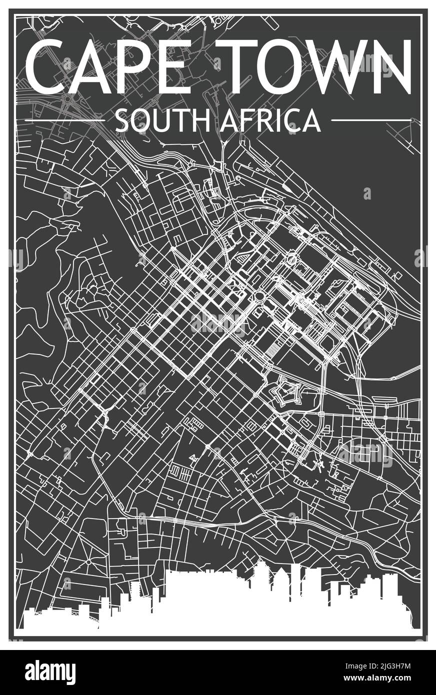 Impression sombre affiche de la ville avec vue panoramique et rues dessinées à la main sur fond gris foncé du centre-ville DE CAPE TOWN, AFRIQUE DU SUD Illustration de Vecteur