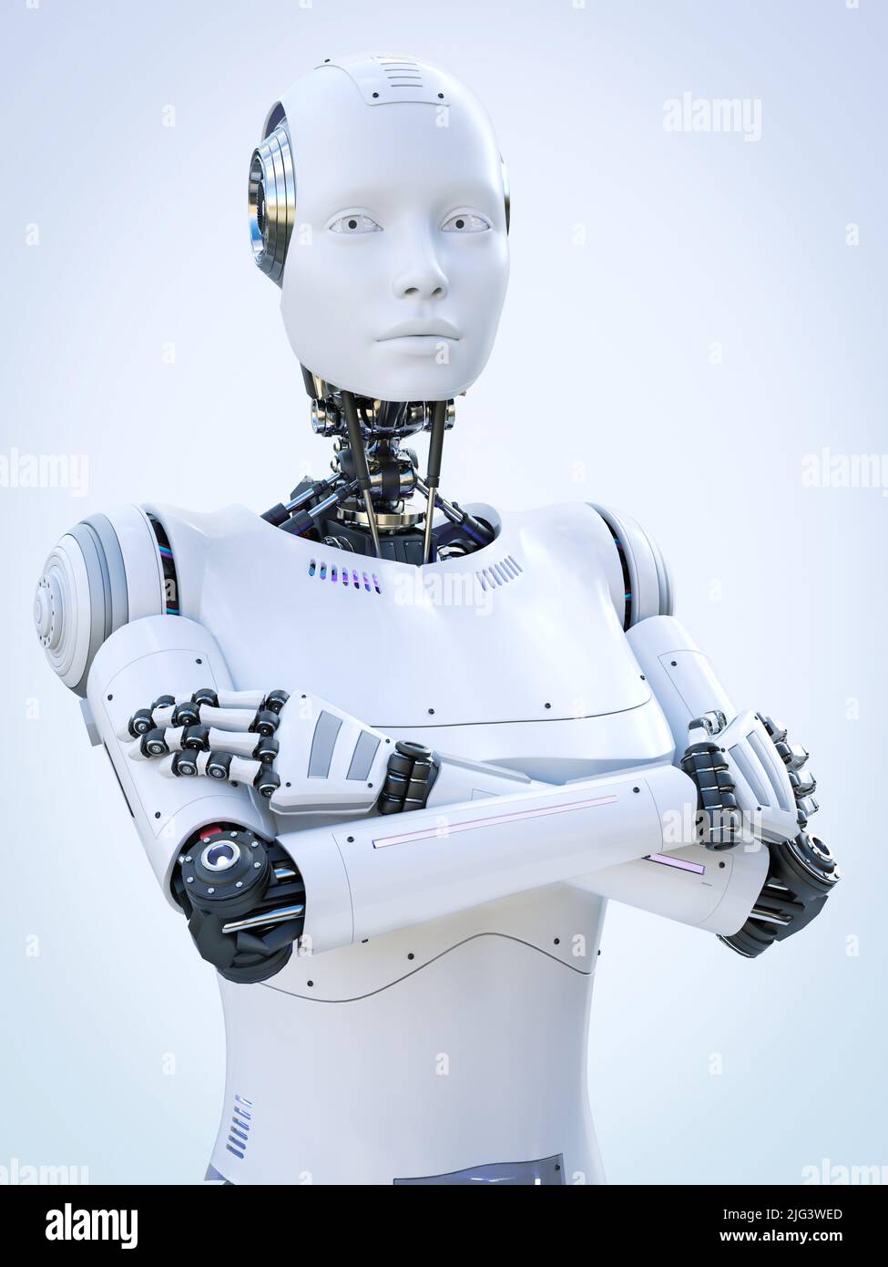 3D rendu d'une robot Android debout avec ses bras croisés. Arrière-plan bleu clair. Intelligence artificielle ou concept d'assistant virtuel. Banque D'Images