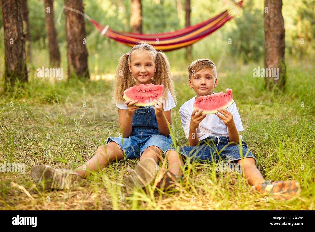 Les enfants mangent de la pastèque dans le parc. Banque D'Images