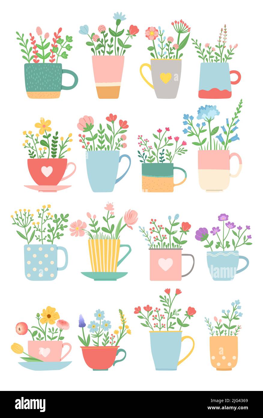 Fleurs dans la tasse été ensemble de printemps vecteur Illustration de Vecteur