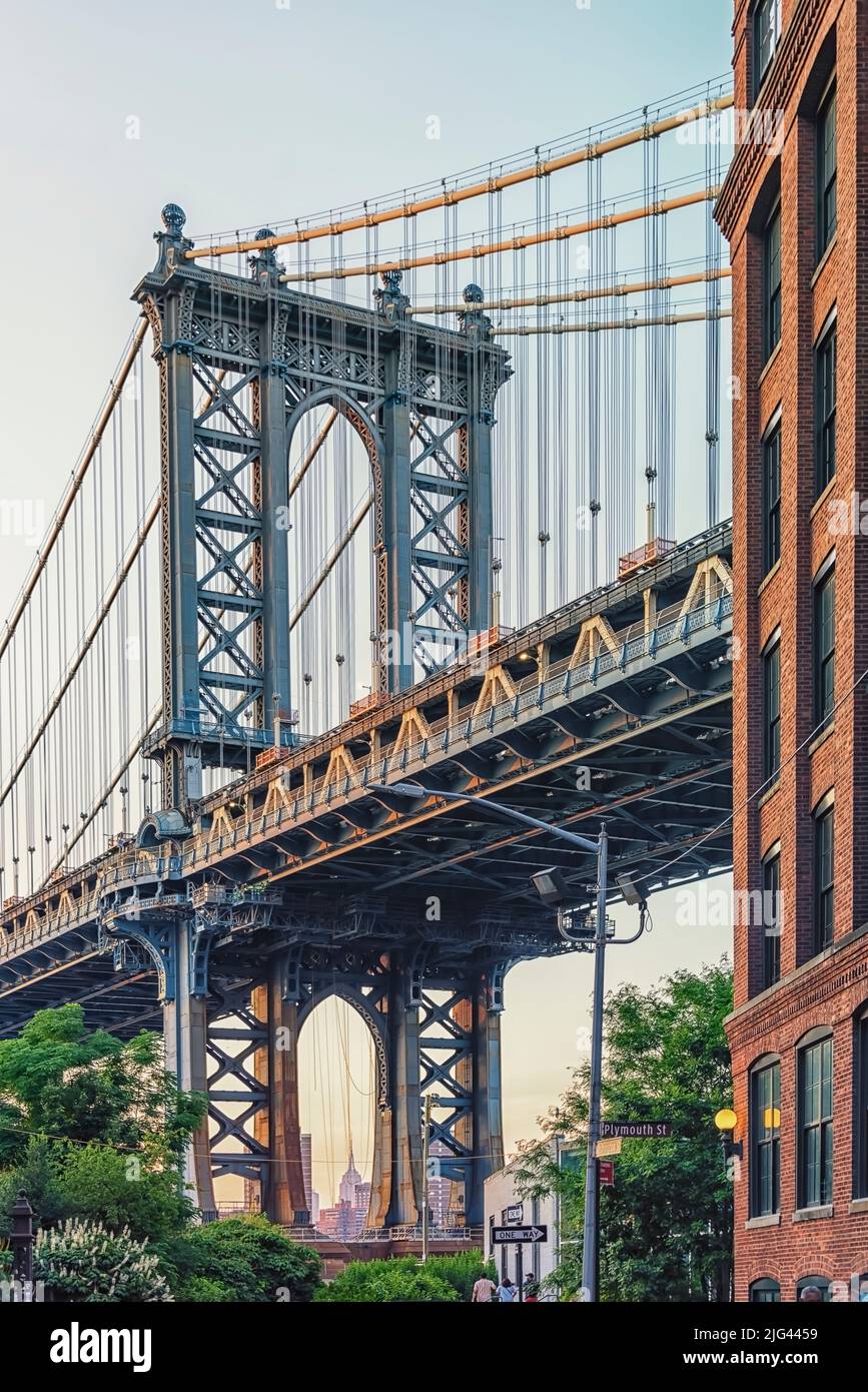 Vue sur le pont de Manhattan depuis le quartier de Brooklyn à New York Banque D'Images