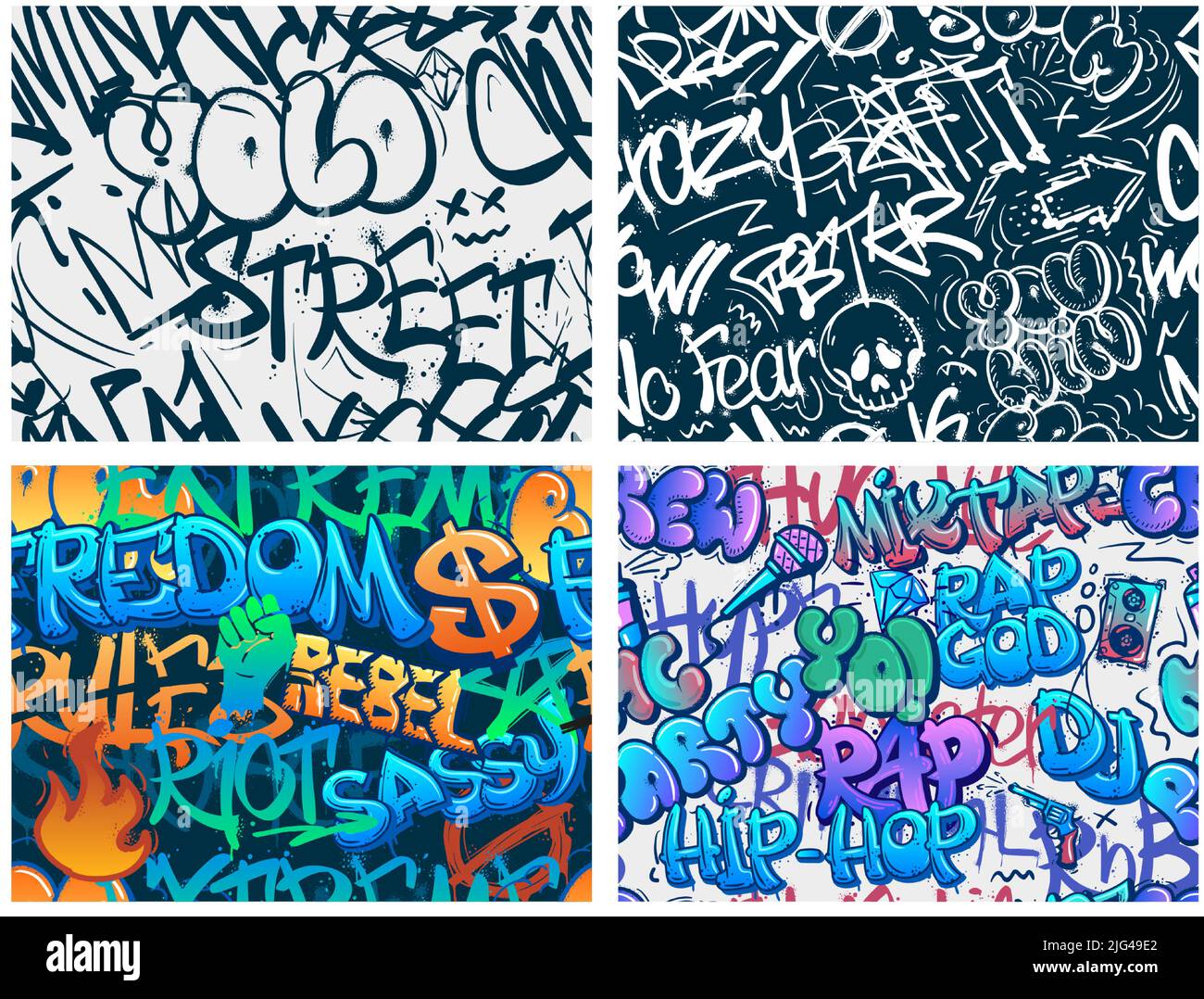 Motif Graffiti. Abstrait art de rue d'émeute, étiquettes de YOLO urbain et underground hip-hop rap Graffitis sans couture vecteur arrière-plan ensemble Illustration de Vecteur