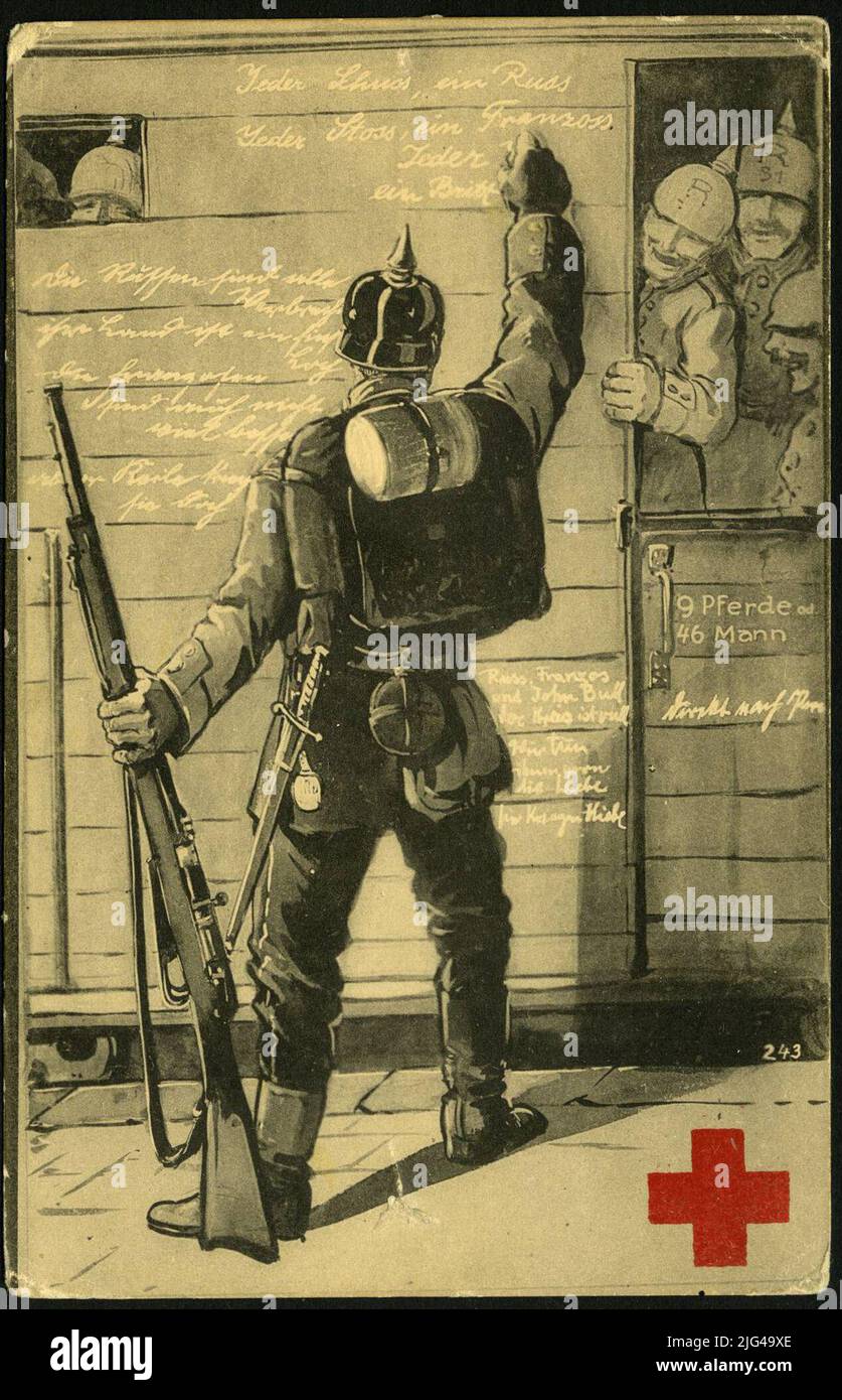 [Carte postale d'un dessin attribué par la Croix-Rouge]. Classification raisonnée: Il s'agit d'une carte postale sur laquelle apparaît un dessin lié à la Croix-Rouge. L'impression inversée l'identifie comme une carte de service d'organisme de bienfaisance. Les champs de la moitié droite servent à identifier le soldat et la place qu'il occupe dans l'armée. L'idée embryonnaire de ​​what sera plus tard la Croix-Rouge est collectée dans le livre 'A memory of Solferino' de Henry Dunant (1828-1910). En lui il a écrit textuellement: «Dont le but sera de prendre soin des blessés en temps de guerre par des volontaires enthousiastes et dévoués, parfait Banque D'Images