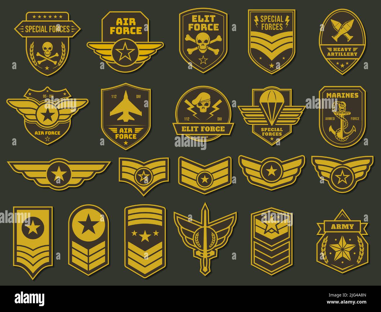 Insignes de l'armée. Ensembles d'emblèmes d'unités militaires, patches de soldats et insignes étiquettes ensemble de vecteurs Illustration de Vecteur