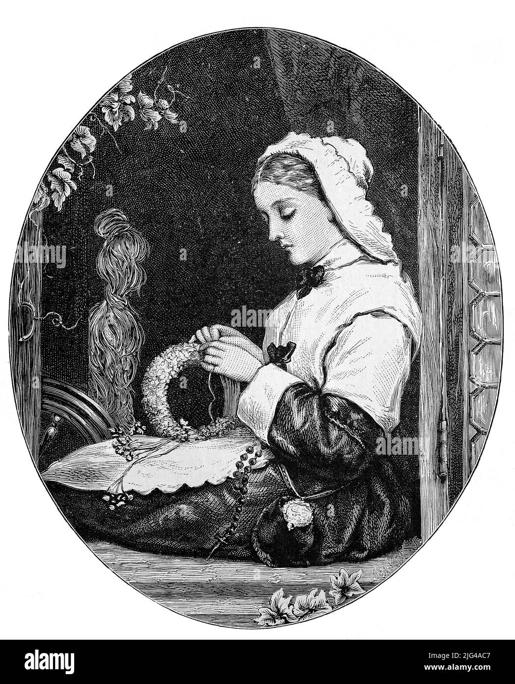 Frau fertigt einen Immortellenkranz, ein Kranz aus Blumen mit