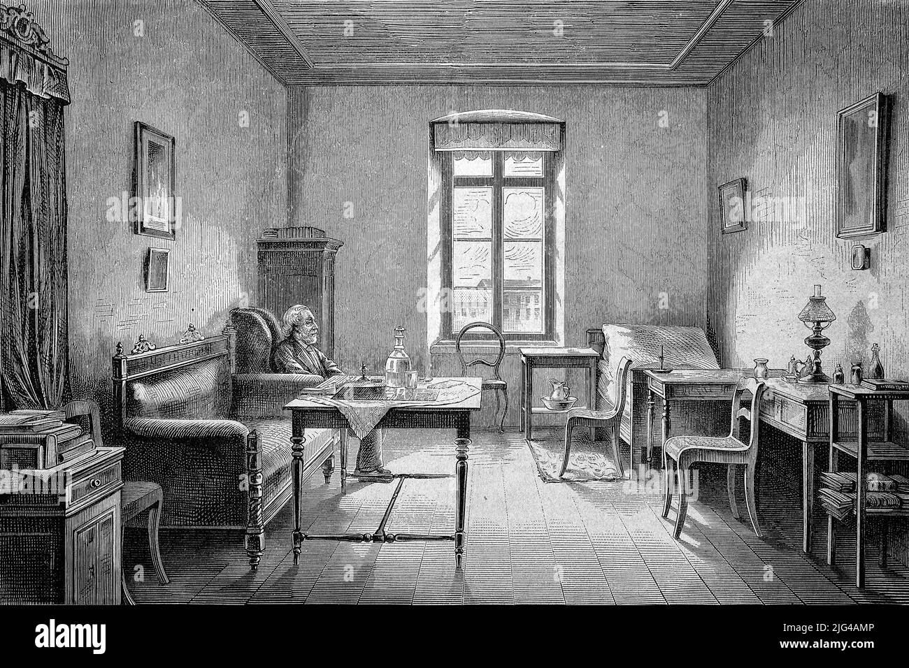 Karl Eduard von Holtei, auch Carl Holtei, eigentlich Karl Eduard von Holtey (24. Janvier 1798 bis 12. Février 1880), war ein deutscher Schriftsteller, Schauspieler, Rezitator, Theaterregisseur und Theaterleiter, hier in seinem Zimmer im Kloster der barmherzigen Brüder zu Breslau / Karl Eduard von Holtei, également Carl Holtei, en fait Karl von Holteer, 12 février 1880 réalisateur allemand, 24 janvier 1798, Eduter, réalisateur allemand et directeur de théâtre, Montré ici dans sa chambre dans le monastère des frères miséricordieux à Breslau, Historisch, historique, numérique reproduct amélioré Banque D'Images