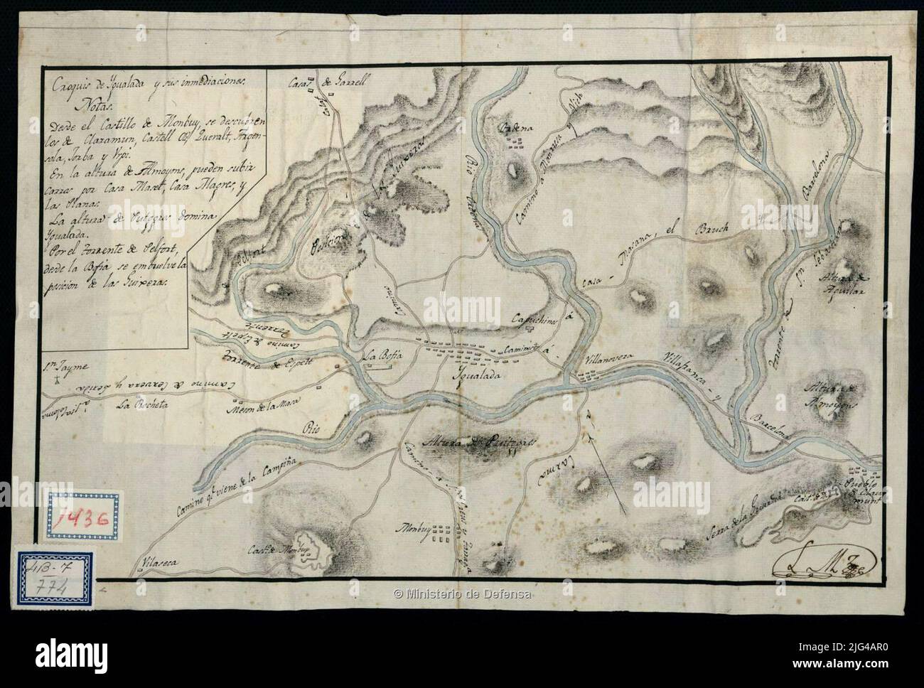 Ygualada esquisse et ses environs. Manuscrit à Plumilla en encre noire et coloré à l'aquarelle en gris et sienne orienté avec flèche, N. Al NO. Relief représenté par ombrage sont des notes explicatives sur le champ représenté indique la direction de la rivière Noya avec flèche au verset: 'Igualada et ses environs ... Banque D'Images