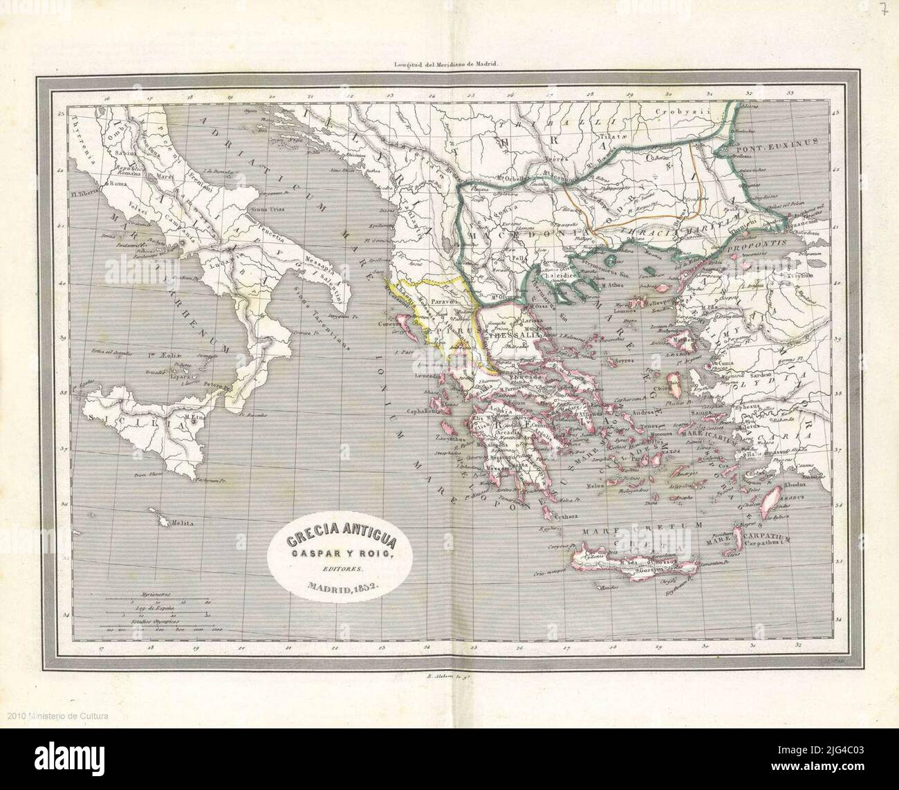 Grèce antique. Meridian diplômé marges d'origine: Madrid relief par réseau hydrographique normal divisions administratives différenciées par les mers - lignes colorées surlignées avec une toponymie fine des principaux centres de la population numérique. Madrid : Ministère de la culture, 2010 Banque D'Images