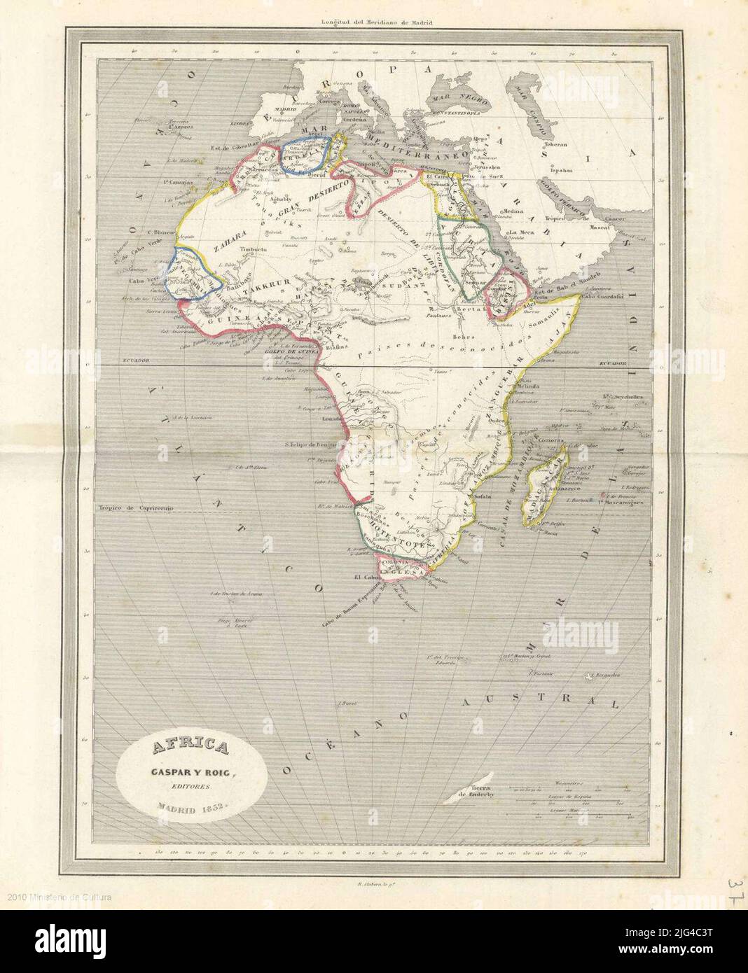 Afrique. Meridian diplômé marges d'origine: Madrid soulage par les mers normales mis en évidence par un réseau hydrographique à rayures fines divisions administratives différenciées par les lignes de couleur toponymie des principaux centres de population échelle exprimée dans autre Banque D'Images