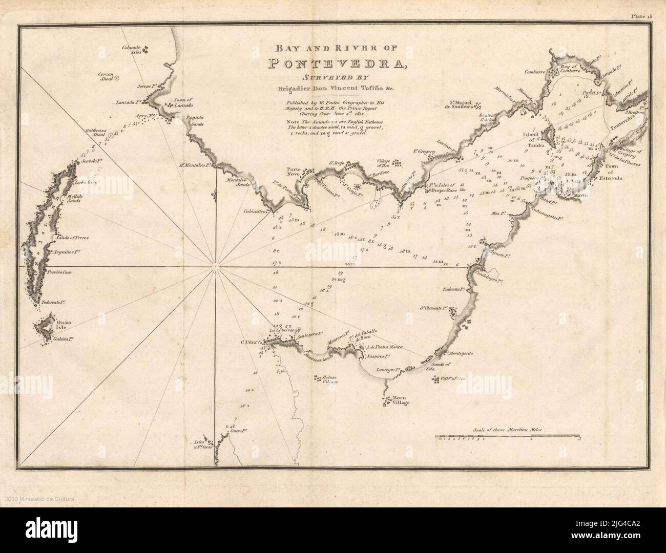 Baie et rivière de Pontevedra. Orienté avec la moyenne lis dans rumbos nœud indique les sondes, les voiles et la basse touche alphabétique pour indiquer la qualité de fond normal et ombragée des villes côtières toponymie représentées par de petits avions Banque D'Images