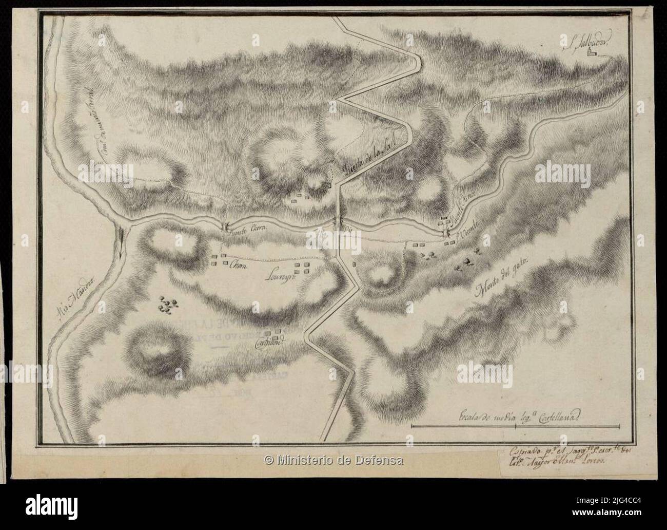 [Carte du parti judiciaire de Betanzos au confluent de la rivière OIS avec Mandeo, entre ce dernier et San Salvador]. Titre écrit du contenu scientifique du document manuscrit à Plumilla en encre noire date prise du catalogue SGE: 'maps of Galicia. 17th à dix-neuvième siècles '1965, p. 38 relief représenté par des coups Banque D'Images