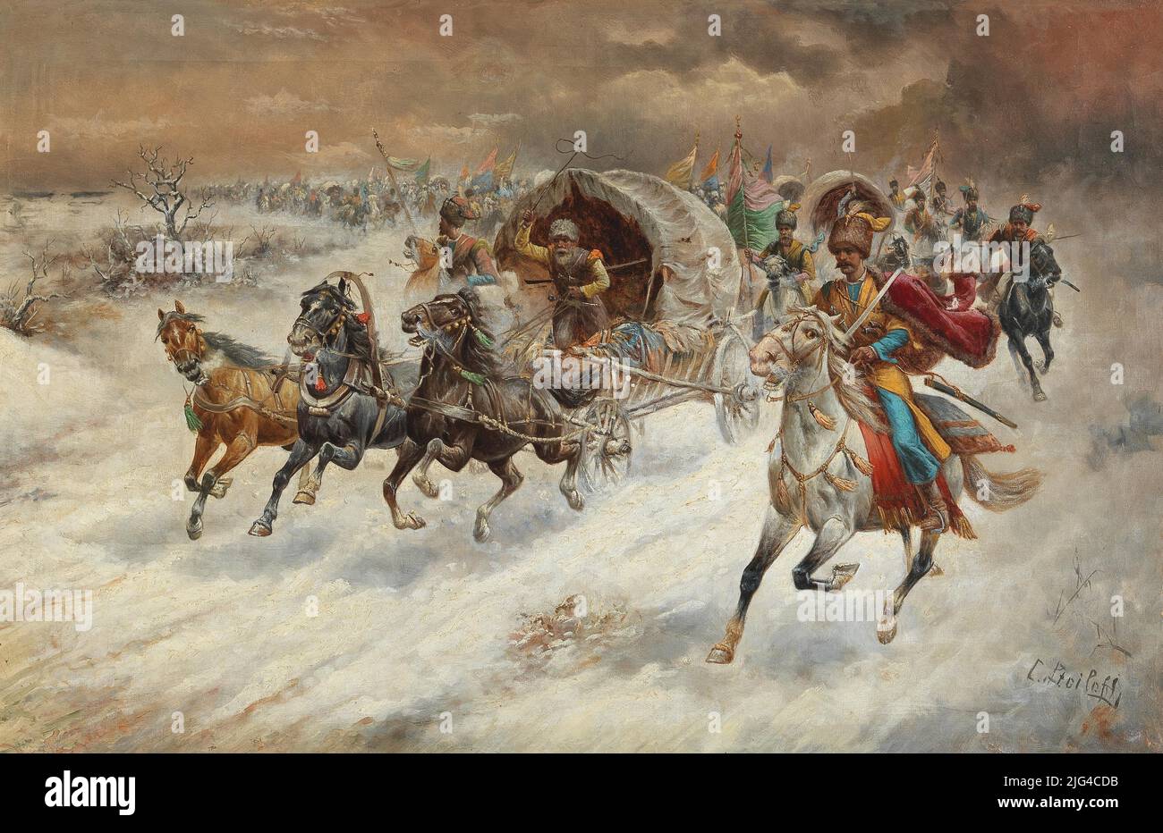 Une Caravane cosaque dans Un paysage d'hiver, peinture par Adolf Constantin Baumgartner-Stoiloff Banque D'Images