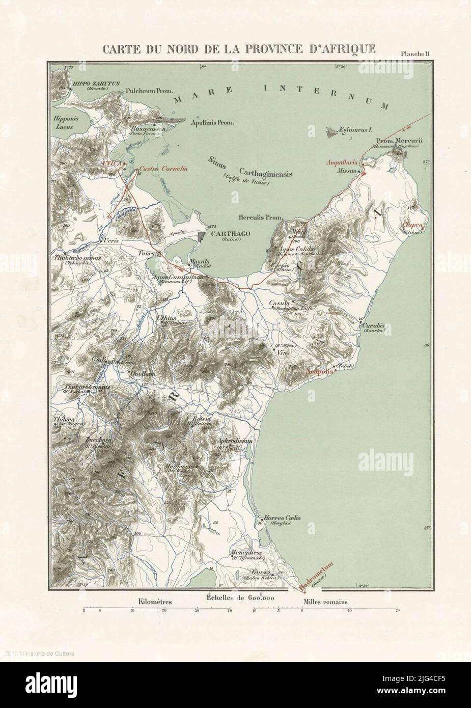 Carte dans le nord de la province d'Afrique. Échelle graphique également en « iles Romains » et en « kilomètres ». COORDONNÉES : E7 27'-E8 50 '/N37 16'-N35 51'. Sans spécifier de grugeage méridien : ombre, courbes de niveau, points limités Banque D'Images