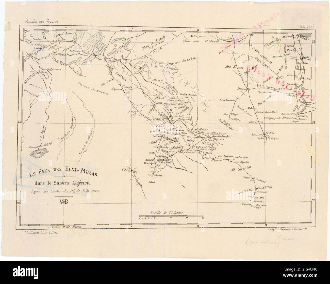 Le pays du Beni - Mezab: Dans le Sahara algérien selon les cartes de la guerre. Coordonnées se référant au méridien de Paris (O0 ° 30'-E3 ° 40 '/n34 ° 10'-n31 ° 40'). Réseau géographique de 1 ° en 1st relief représenté par normal dans la marge supérieure gauche. Les Annales des Voyages proviennent de la « Collection Coello » Banque D'Images