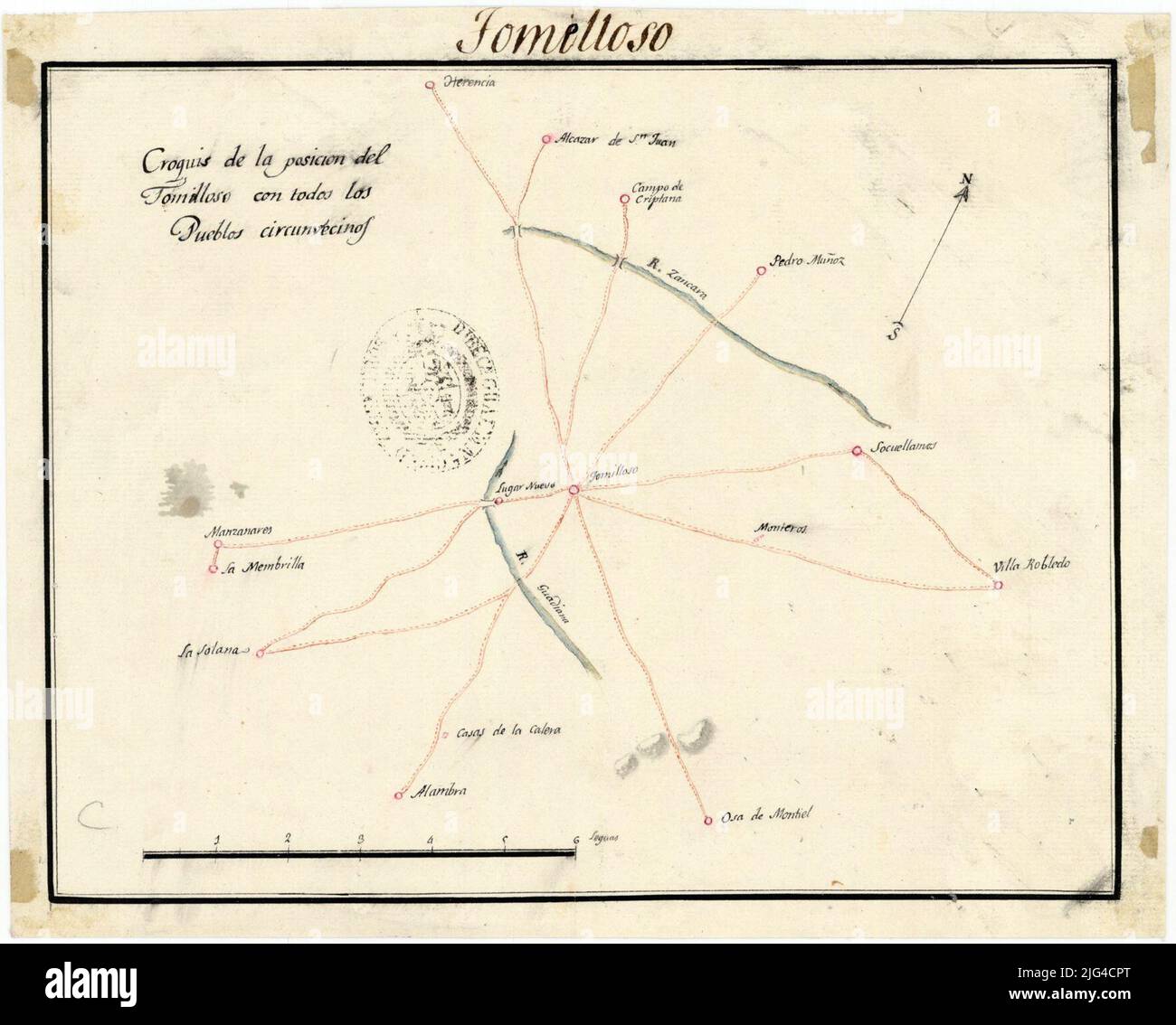 Croquis de la position de Tomelloso avec tous les peuples Sircunvesino [carte]. Il comprend la partie orientale de la province de Ciudad Real et les termes municipaux de Villabledo et d'Ossa de Montiel dans la province d'Albacete mention de responsabilité prise du sceau estampillé de la date de l'entité susmentionnée prise du catalogue de la SGE: 'Castilla la Nueva. Provinces de Tolède, Ciudad Real, Cuenca et Guadalajara. Dix-septième à dix-neuvième siècles ', p. 253 échelle graphique de 6 ligues [= 10'4 cm], ayant pris pour son calcul ceux de 20 à grade. Orienté avec le sil indique les routes amon Banque D'Images