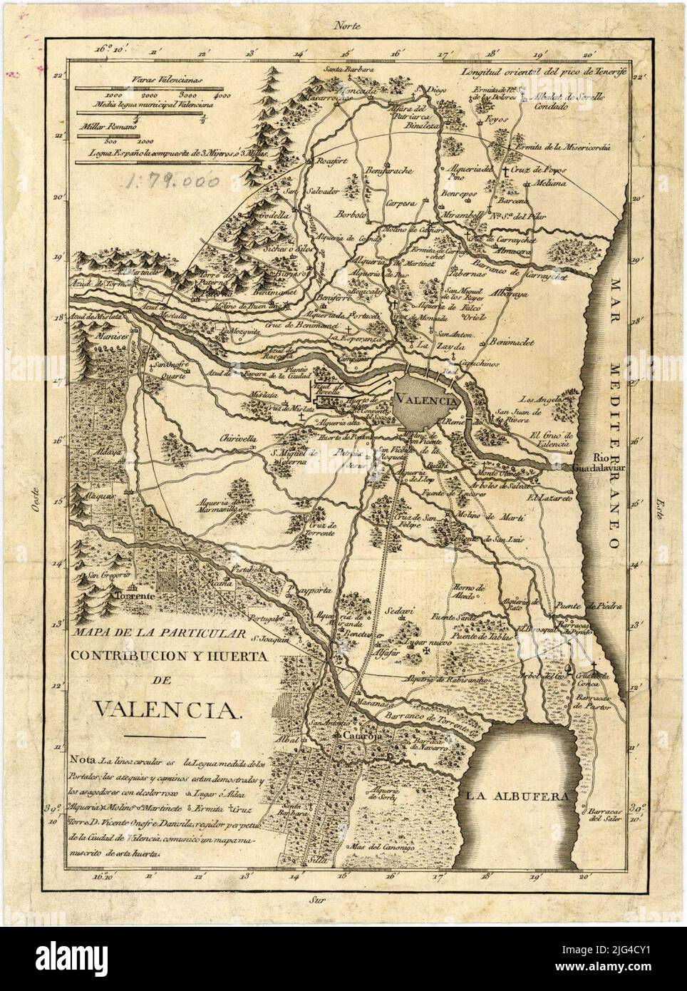 Carte de la contribution particulière et jardin de Valence. Mention de responsabilité reprise dans le document avec SIG. SG+AR.G-T.2-C. 1-9 échelles graphiques de la ligue municipale de Valence [= 3,8 cm], des milliers romains [= 1,9 cm] et de la ligue espagnole composée de 3 mijeres ou 3 miles. Coordonnées se référant au méridien de Ténérife (E16 ° 09'-E16 ° 21 '/n39 ° 22'-n39 ° 09'). Réseau géographique de 1 'en 1' relief du profil note que 'la ligne circulaire est la mesure de ligue des portails ...' Tableau des signes conventionnels pour indiquer les noyaux de population de différentes catégories et les bâtiments civils et militaires Banque D'Images