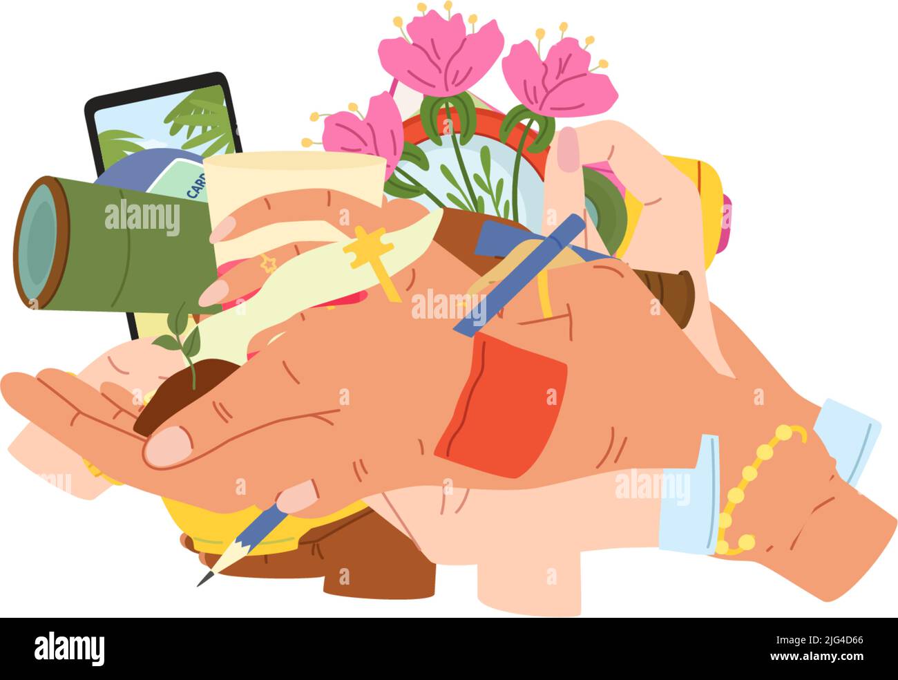 Mains tenant des objets. Jumelles, télescope et loupe à main humaine. Geste avec plante de fleur, mégaphone et ensemble de vecteur d'argent Illustration de Vecteur