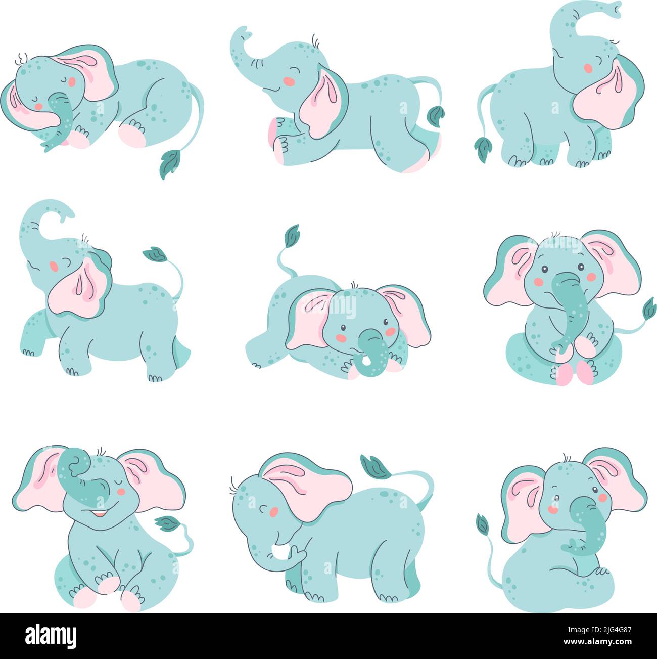 Petits éléphants. Nouveau-né animal, éléphant dans différentes poses, zoo mascotte vecteur illustration ensemble Illustration de Vecteur