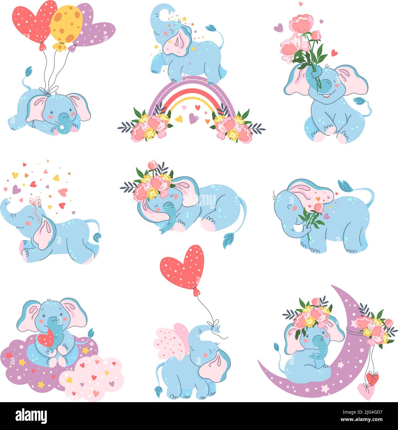 Éléphants amoureux. Ensemble romantique animal mignon, éléphant avec formes de coeur et fleurs vectorielles Illustration de Vecteur