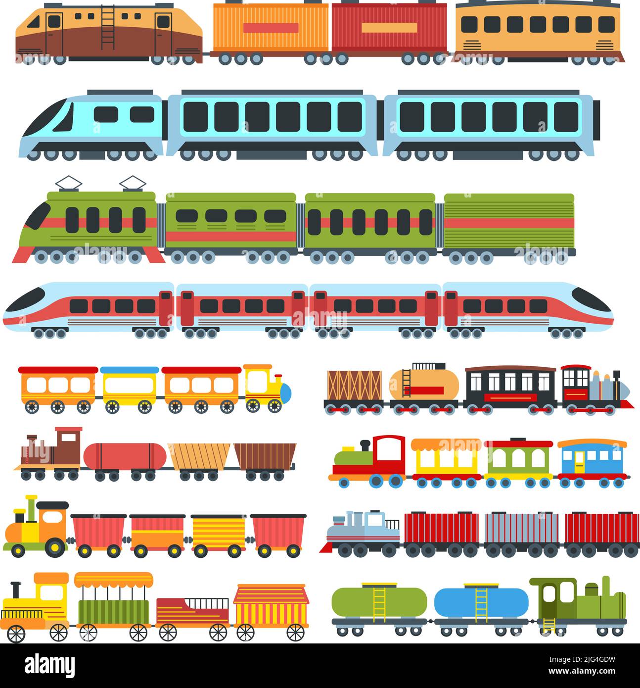 Trains de dessins animés. Enfants jouets train avec des wagons, chemin de fer vecteur jeu d'illustrations pour enfants Illustration de Vecteur