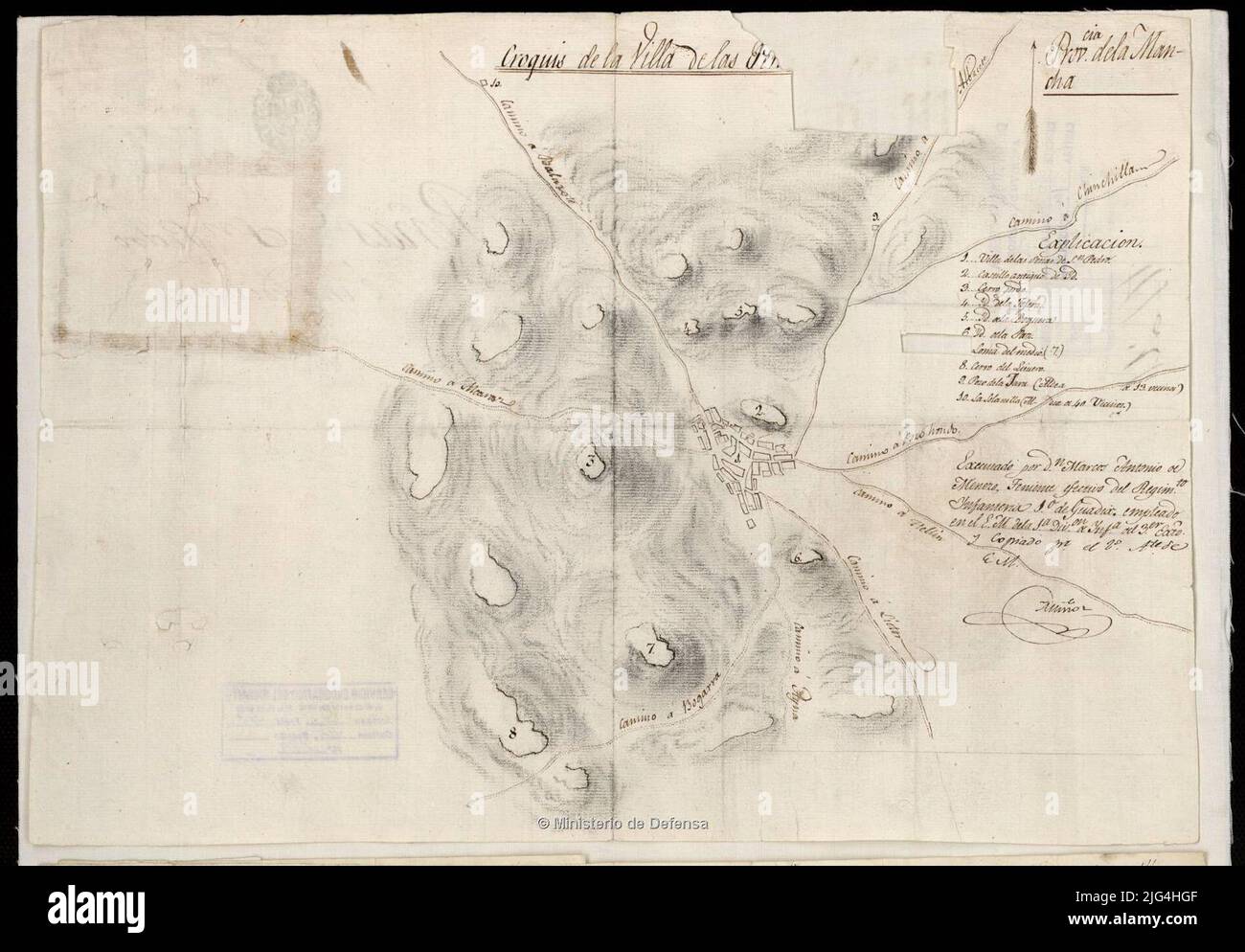 Croquis de la Villa de las PE [ñas de San Pedro]: Prov.cia de la Mancha. Manuscrit signé et souscrit par l'auteur. Une encre noire orientée avec une flèche de relief représentée par la relation d'ombrage des principaux accidents géographiques, château, etc. Indiquée par une mention numérique du nombre de résidents des centres de population les plus importants, le document original avec SIG est disponible. SG+AR.G-T.4-C. 4-188 Banque D'Images