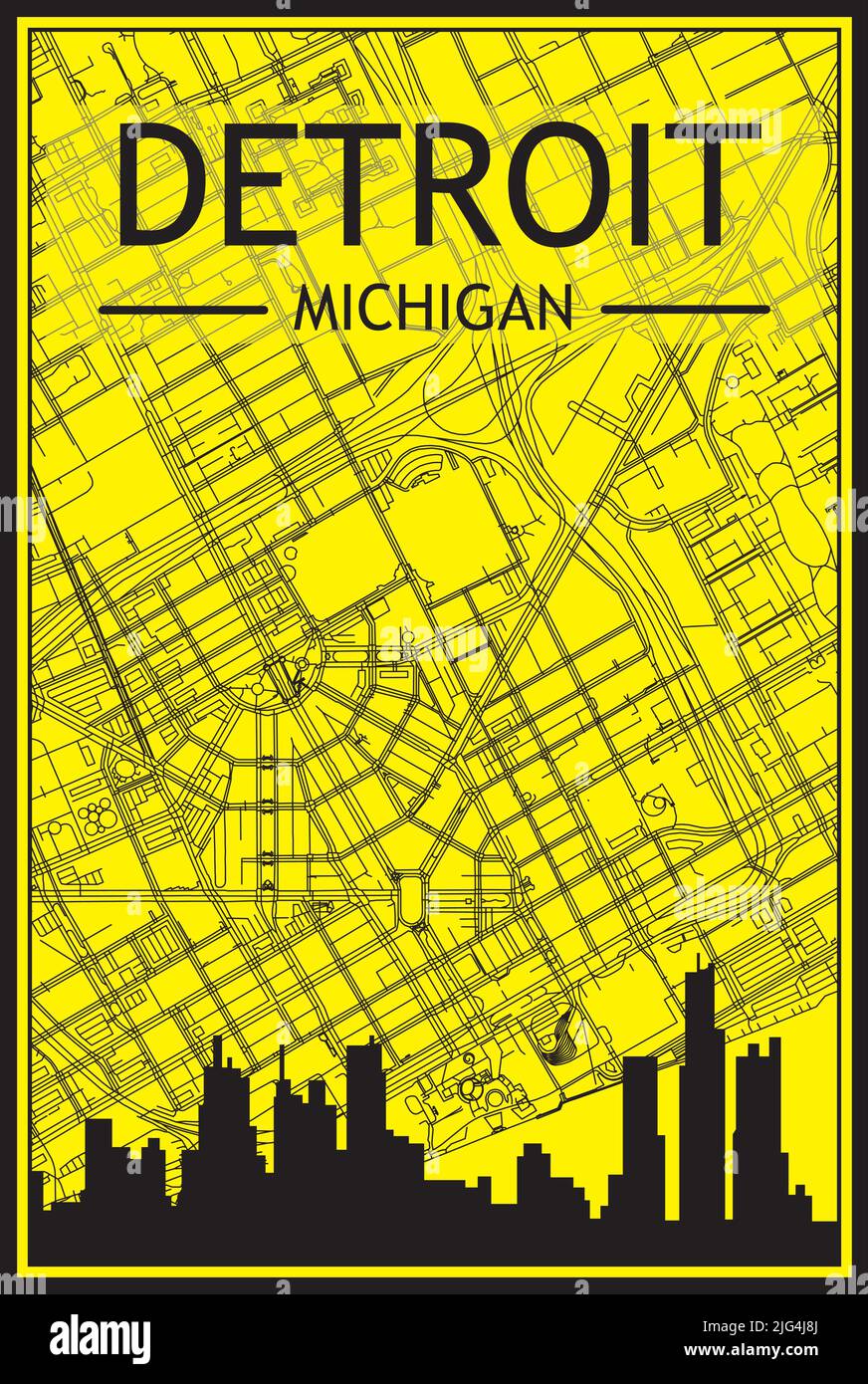 Affiche dorée avec vue panoramique sur la ville et rues dessinées à la main sur fond jaune et noir du centre-ville DE DETROIT, MICHIGAN Illustration de Vecteur