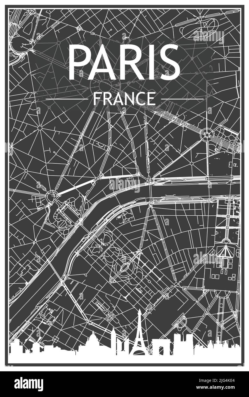 Affiche de ville sombre avec vue panoramique et rues dessinées à la main sur fond gris foncé du centre DE PARIS, EN FRANCE Illustration de Vecteur